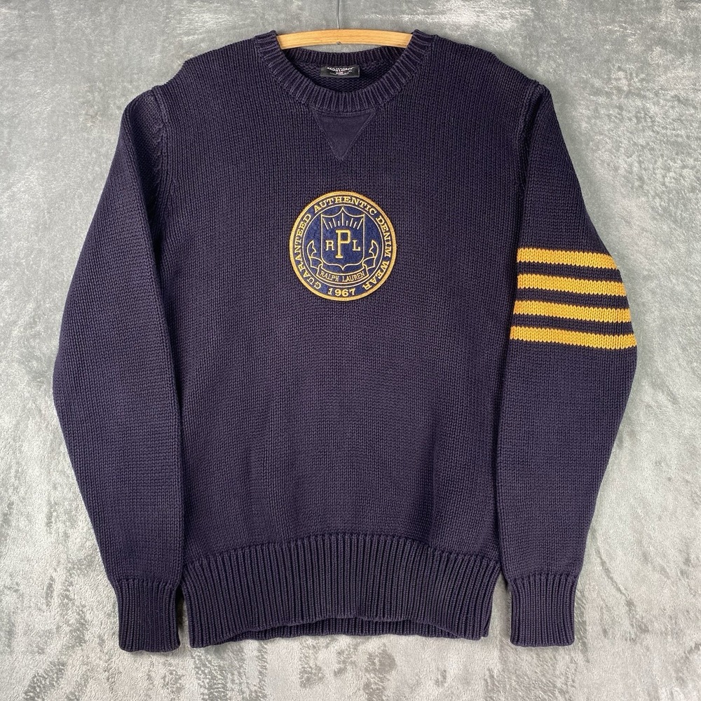 VTG Polo Jeans Co Ralph Lauren Sweater Mens Size XL Blue Knit Applique Patch 90s